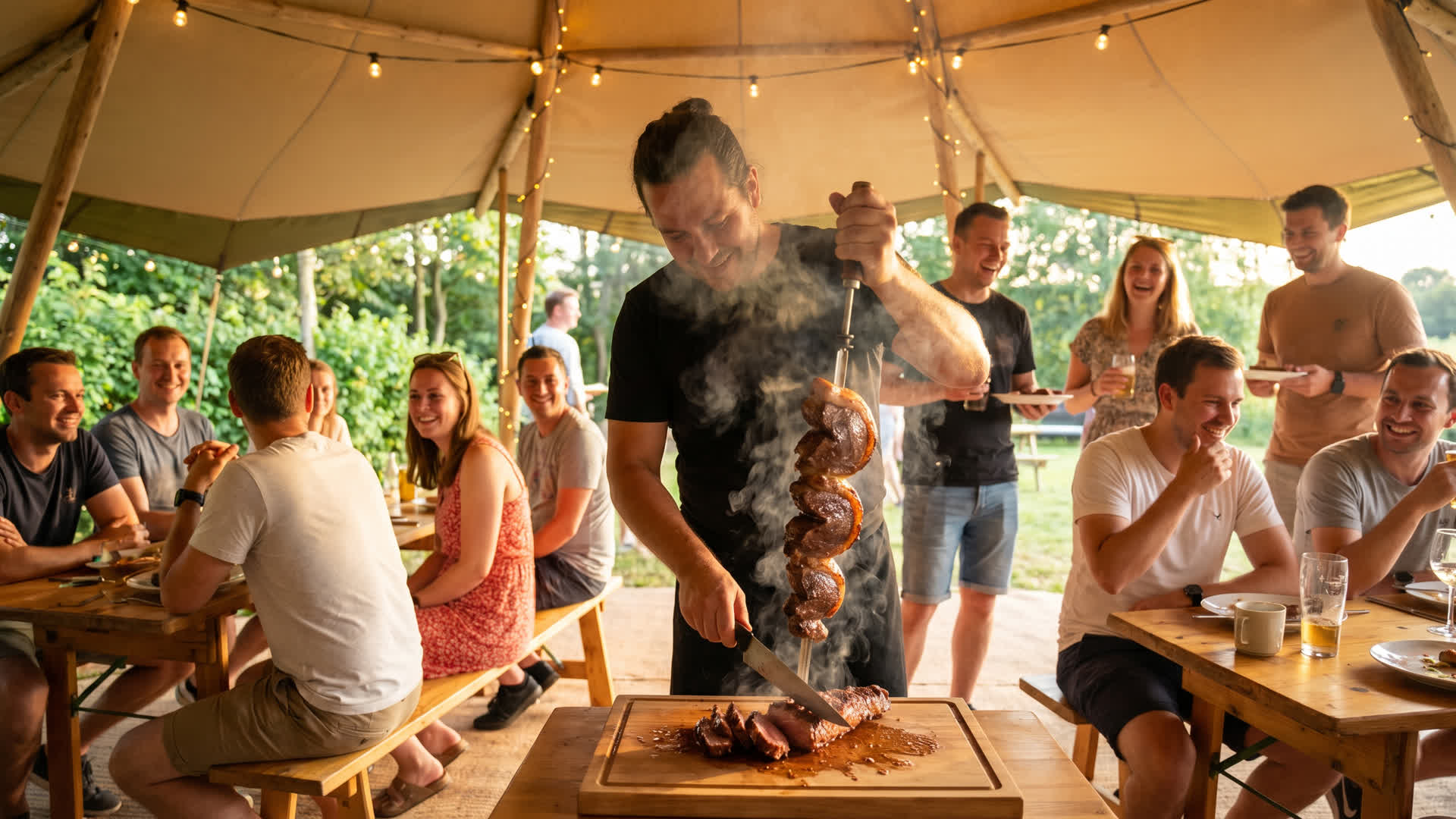 Churrasco-Grillevent im Lapplandzelt Betriebsausflug Kocherinsel Braunsbach